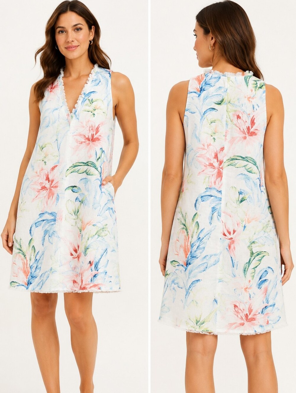 Tommy Bahama 100% Linen Tropical Floral Shift Dress Frayed Hem XS